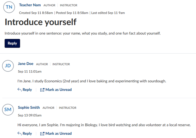 Sample screenshot A sample screenshot, showing an LMS discussion thread called Introduce yourself alongside student replies.