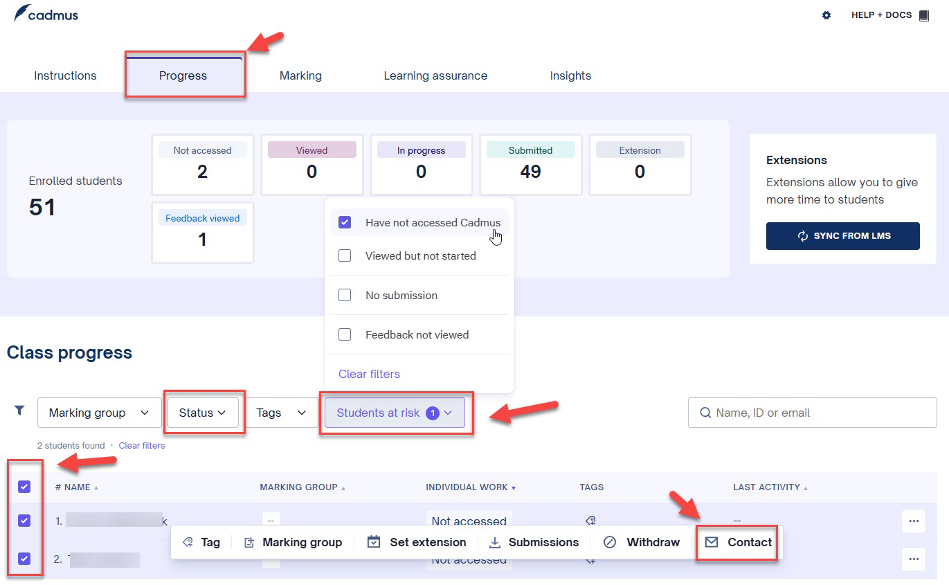 Screenshot of Cadmus Progress tab showing Students at risk button in interface.