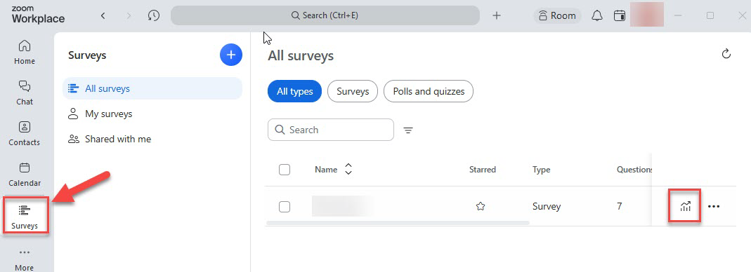 Screenshot of Zoom Surveys panel showing "All surveys" list with highlighted analytics icon