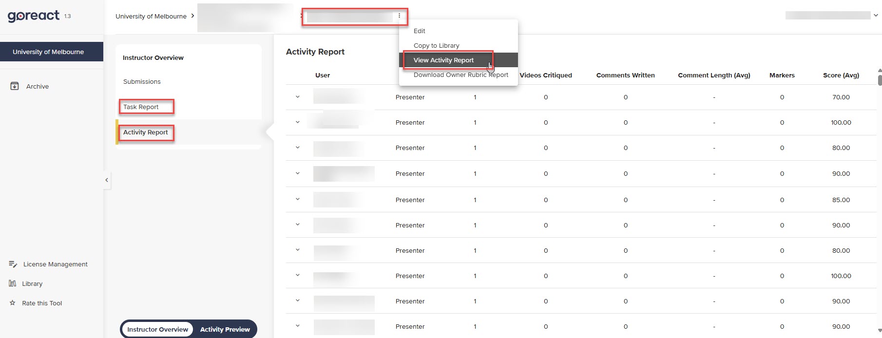Screenshot of a GoReact dashboard showing an Activity Report table with a dropdown menu highlighting "View Activity Report" option.