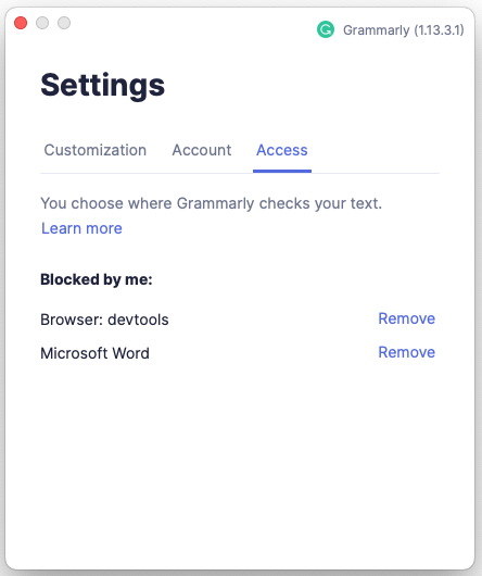Access options within Grammarly settings