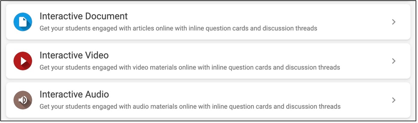 Students can interact with documents, videos and audio in FeedbackFruits Screenshot of FeedbackFruits interface showing interactive document, interactive video and interactive audio controls