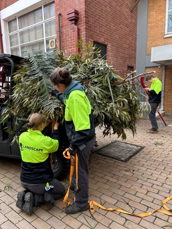 Three members of the Landscape Solutions team in fluorescent jumpers collecting hard green waste outside a red brick building at the Parkville campus