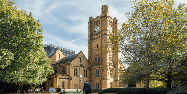 The clock tower on the Parkville campus pictured from South Lawn,