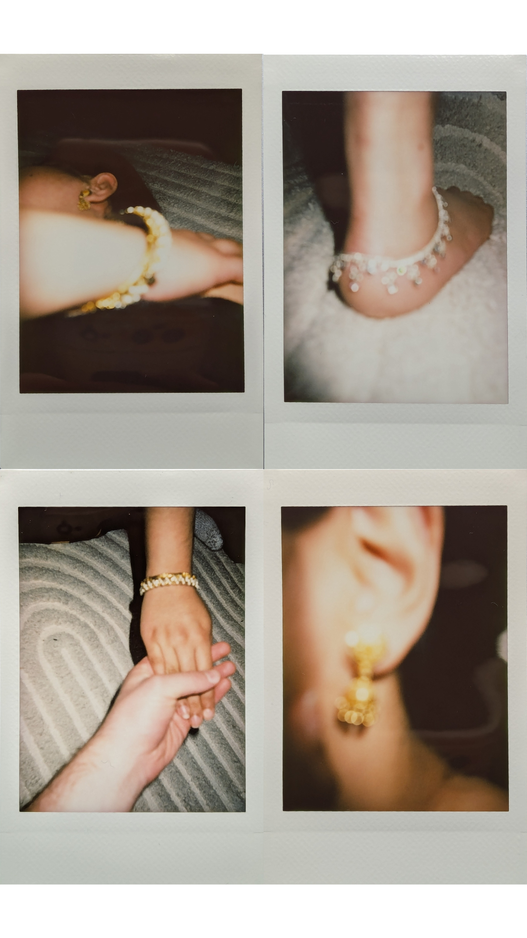 A series of four close-up images, blurry, framed like a Polaroid, depict a women with dark hair lying on her side; a close-up of holding hands; an ear and a foot with a pretty ankle bracelet