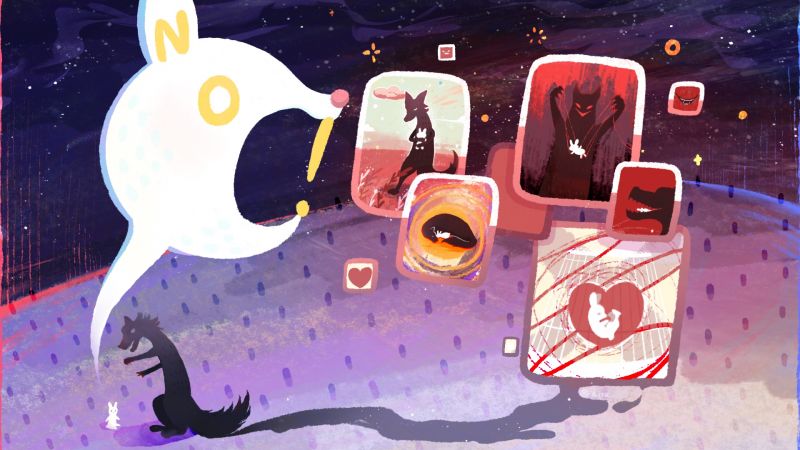 A small white cartoon rabbit becomes a speech bubble whose ears spell out a yelled 'no' to a large dragon