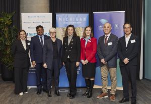 (L-R) University of Melbourne COO Katerina Kapobassis, Faculty of Engineering and Information Technology Dean Professor  Ampalavanapillai Nirmalathas, Vice-Chancellor Emma Johnston, Governor of Michigan Gretchen Whitmer, CEO ITS Australia Susan Harris, CEO/Director, HMI Technologies and International Ambassador, ITS Australia Dean Zabrieszach and AIMES Founding Executive Director University of Melbourne Professor Majid Sarvi. Image credit: Michael Pham