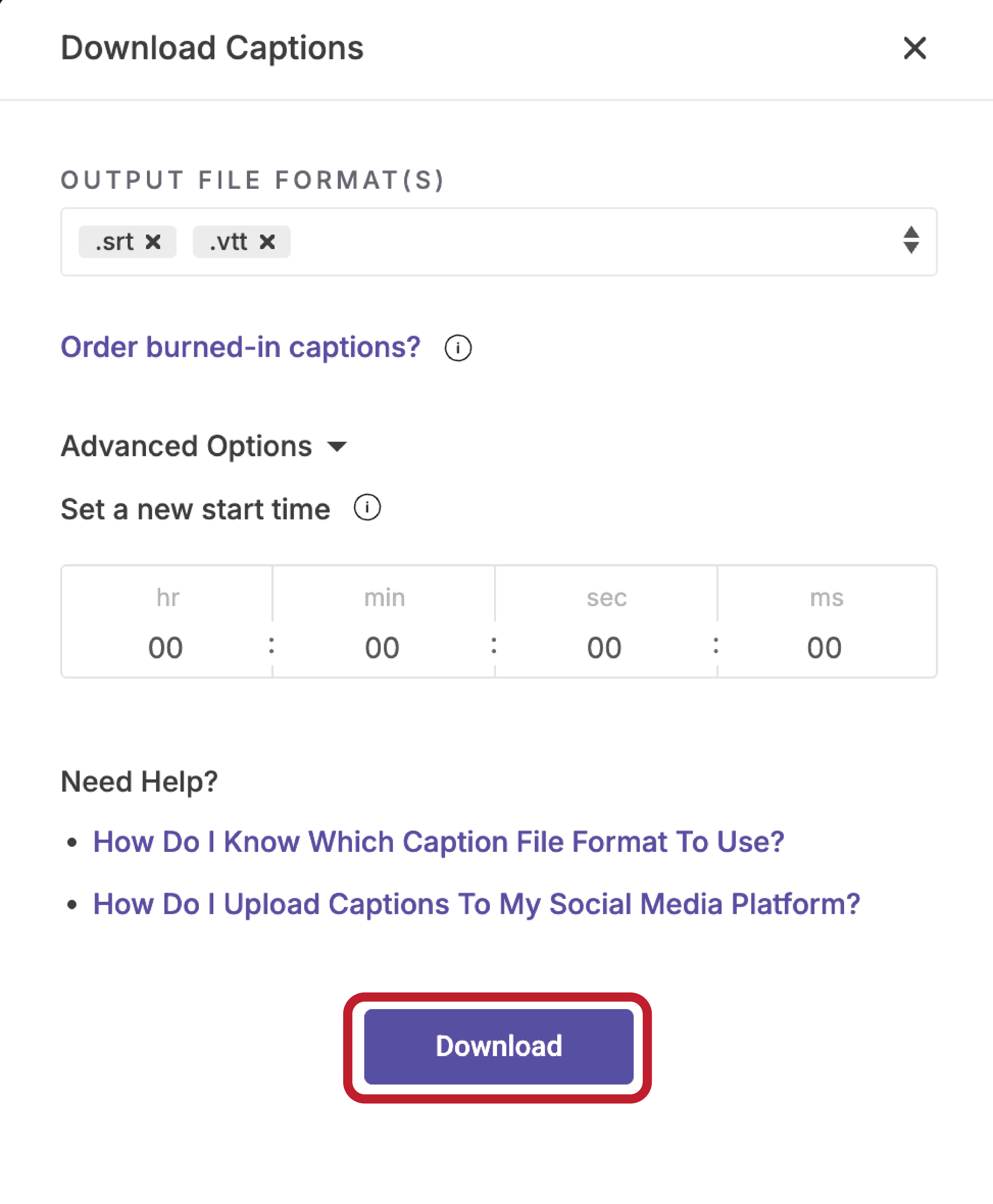 Download box for changing captions output file format. Both .srt and .vtt file formats are selected in the top. On the bottom, the download button is circled in red.