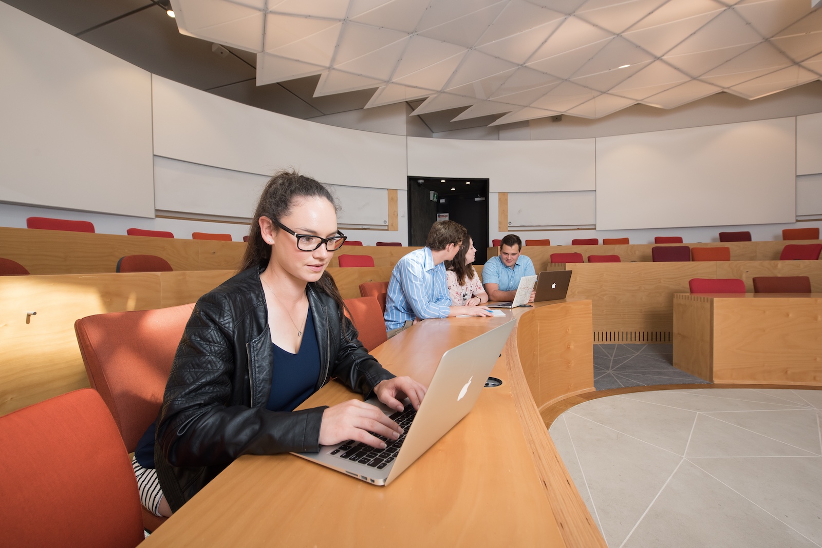 A student sits in a lecture theatre on her laptop.