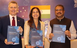 L-R: Education Minister Jason Clare, AII CEO Lisa Singh, Indian Minister for Education Shri Dharmendra Pradhan. Image: Supplied