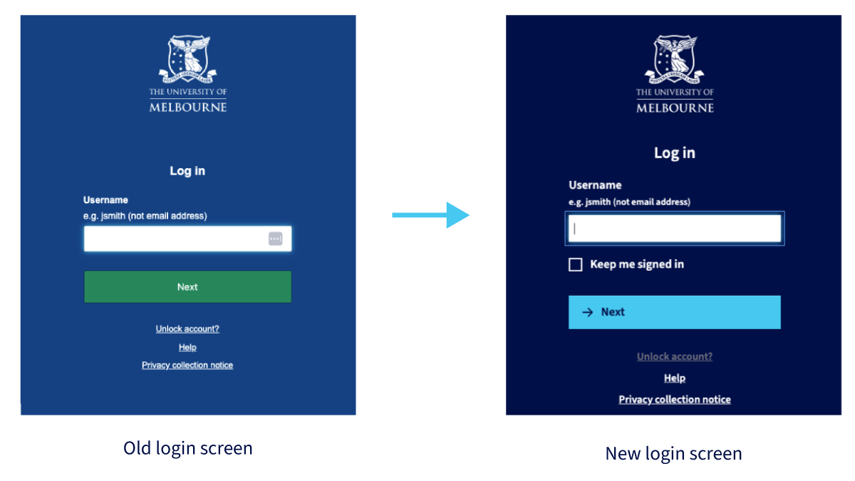 Screenshots showing the old and new version of the SSO log in screen. The new version has a darker blue with a light blue button - in line with the rest of our online presence