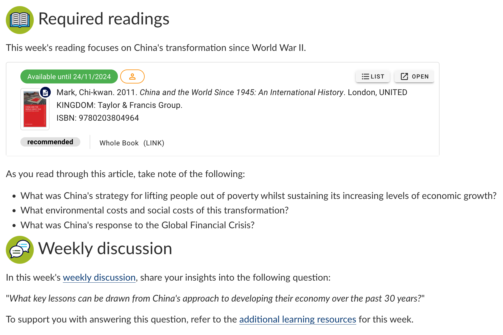 Figure 5.3: Activity page including an embedded Readings Online line and a discussion activity with scaffolding to help the students with the activities Screenshot of Canvas interface