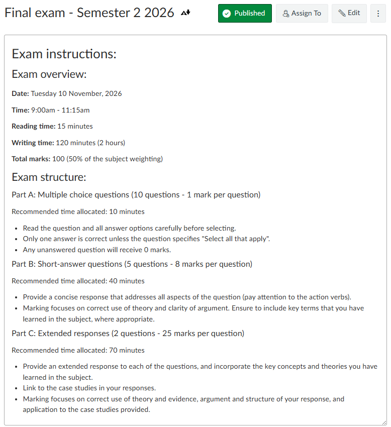 An example of the exam instructions displayed in Canvas Classic Quiz A published Canvas Quiz showing the exam instructions, including the exam overview and the structure of the exam.