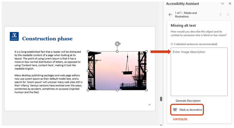 Add an alt text to image or mark it as decorative The Missing alt text pane shows a text box where alt text for an image can be entered, and a checkbox to mark the image as decorative.