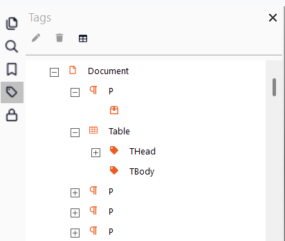 The parent tags ‘P’ and ‘table’, expanded to show child tags A screenshot of tags in Nitro Pro. This includes a parent tag document at the top, with child nodes underneath in order: P, Table, P, P, P, P, TOC. Some of these tags are also parents to other tags such as Table (parent tag) and THead and TBody (child tags)
