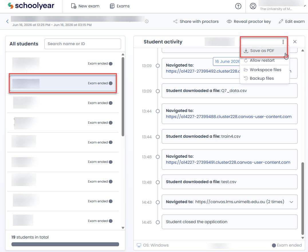 Screenshot of Schoolyear exam platform showing a student list and student activity log, with "Save as PDF" option highlighted in a dropdown menu.