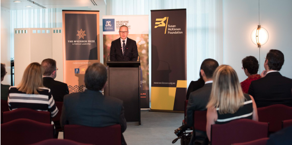Image of Grant Rule addressing an audience at the launch event of the McKinnon Prize.