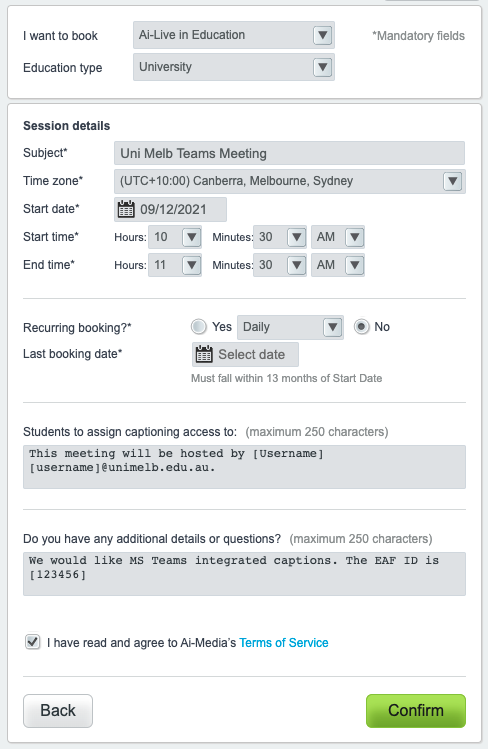 Sample Ai-Media Booking Form for Teams