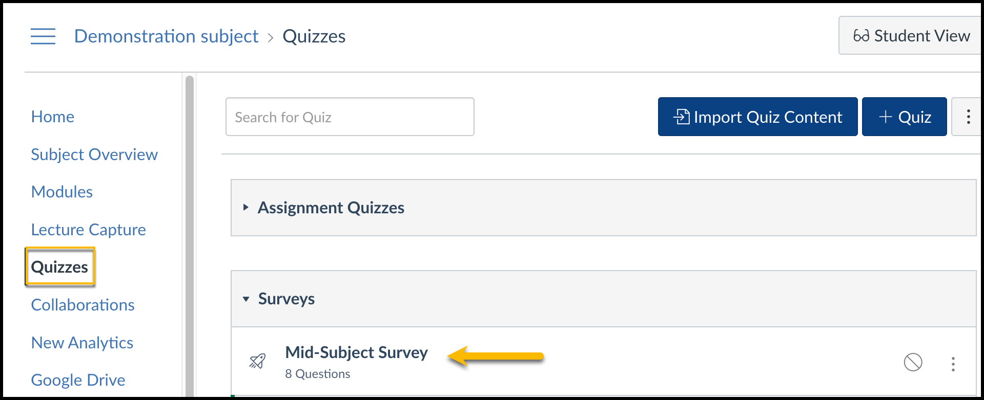Quizzes link in LMS subject menu