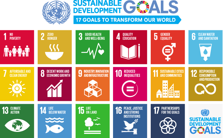 Graphic of Sustainable Development Goals: No poverty Zero hunger Good health and well-being Quality Education Gender equality Clean water and sanitation Affordable and clean energy Decent work and economic growth Industry, innovation and infrastructure Reduced inequalities Sustainable cities and economies Responsible consumption and production Climate action Life below water Life on land Peace, justice and strong institutions Partnership for the goals