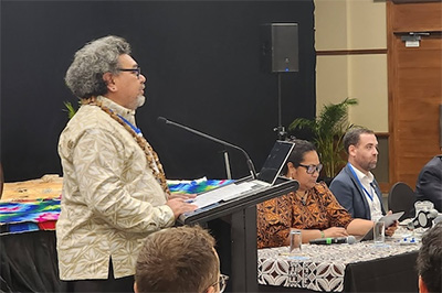 Vili Iese standing at a lectern, making a speech to tables of politicians