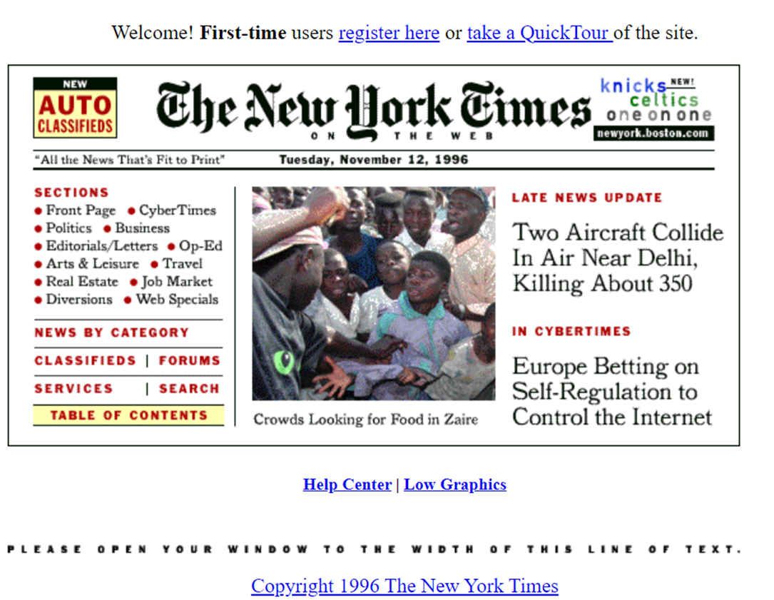 A HTML website showing a grainy image of the New York Times front page