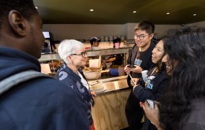 University of Melbourne Vice-Chancellor Emma Johnston meets students at the Opening of the Campus Canteen. Picture: Peter Casemento