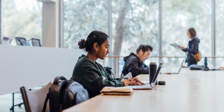 An alum exploring discounted professional development opportunities on her laptop.