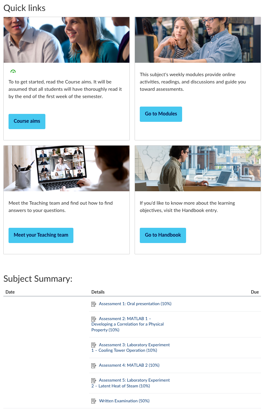 Figure 2. The lower half of the home page. The second part of the subject home page contains a heading for the quick links. The links follow in tiles, with images showing the green speedometer for an alt text. The buttons are labelled meaningfully with names like “go to handbook” and “go to modules”. A list of assignments follows in an area marked Subject Summary.