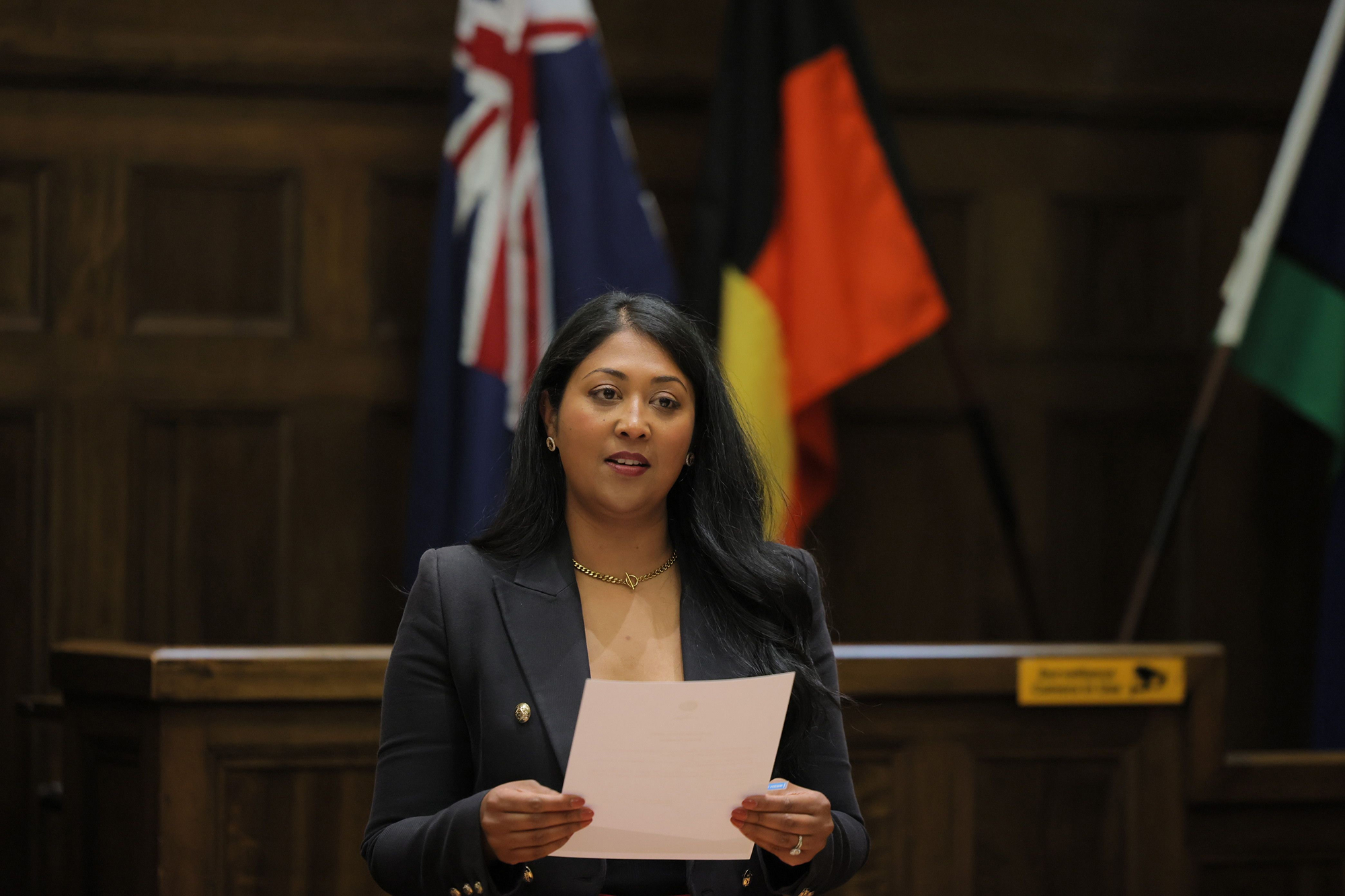 Sam giving a speech in Victorian Parliament as part of the Speeches in Parliament module during the program, 2023