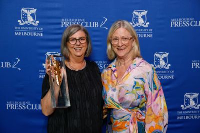 Melbourne Press Club Gold Quill winner Robyn Riley with Interim Provost Professor Jane Gunn AO. Image: Ben Swinnerton/Melbourne Press Club