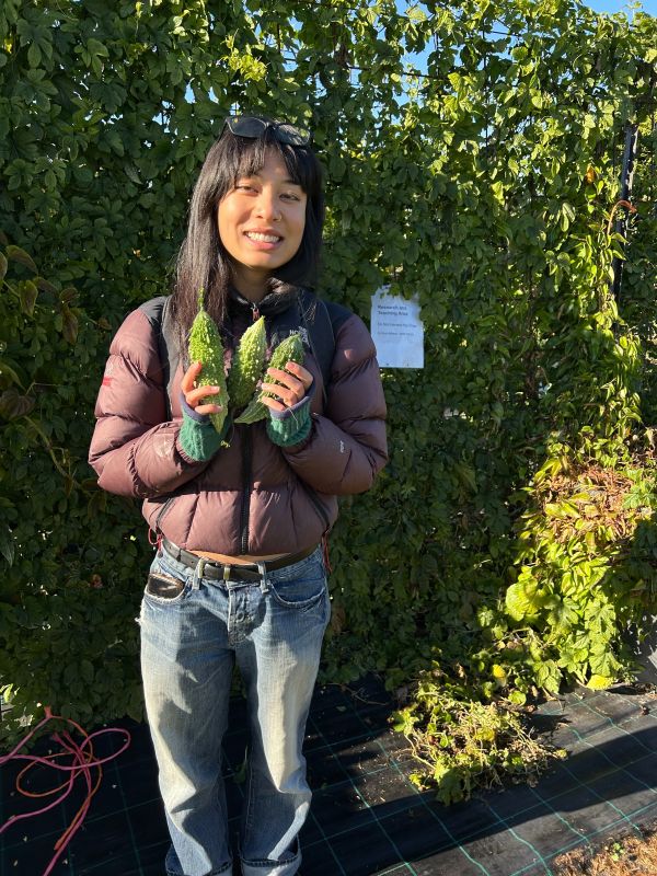 Person standing outdoors holding two green vegetables in front of dense leafy plants