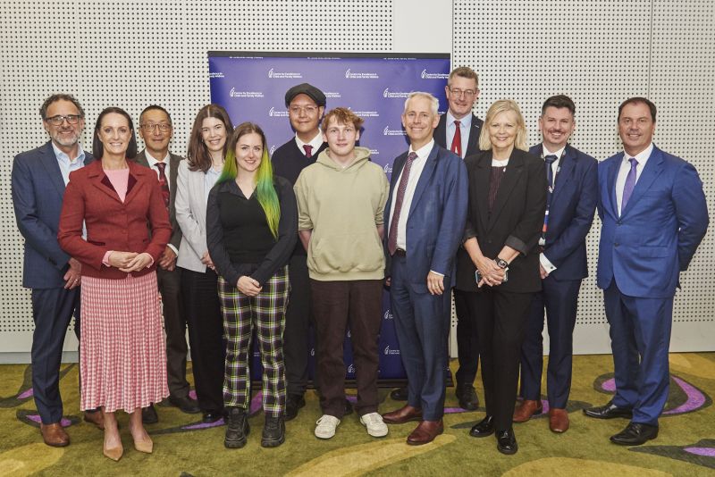 L-R: Professor Gregor Kennedy, Deputy Vice-Chancellor (Education), Sarah Witty MP, Professor Sherman Young, Pearl Goodwin-Burns, Cinder, Reggie, Kayden Andrew Giles MP, Tom Bentley Deb Tsorbaris, David Miles, Colin Brooks MP. Image: Bec Walton