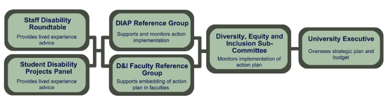 University groups that participate in DIAP governance, and how they interrelate with each other. Lived experience groups feed into the DIAP Reference Group, which feeds into the Diversity, Equity and Inclusion Sub-Committee and University Executive.