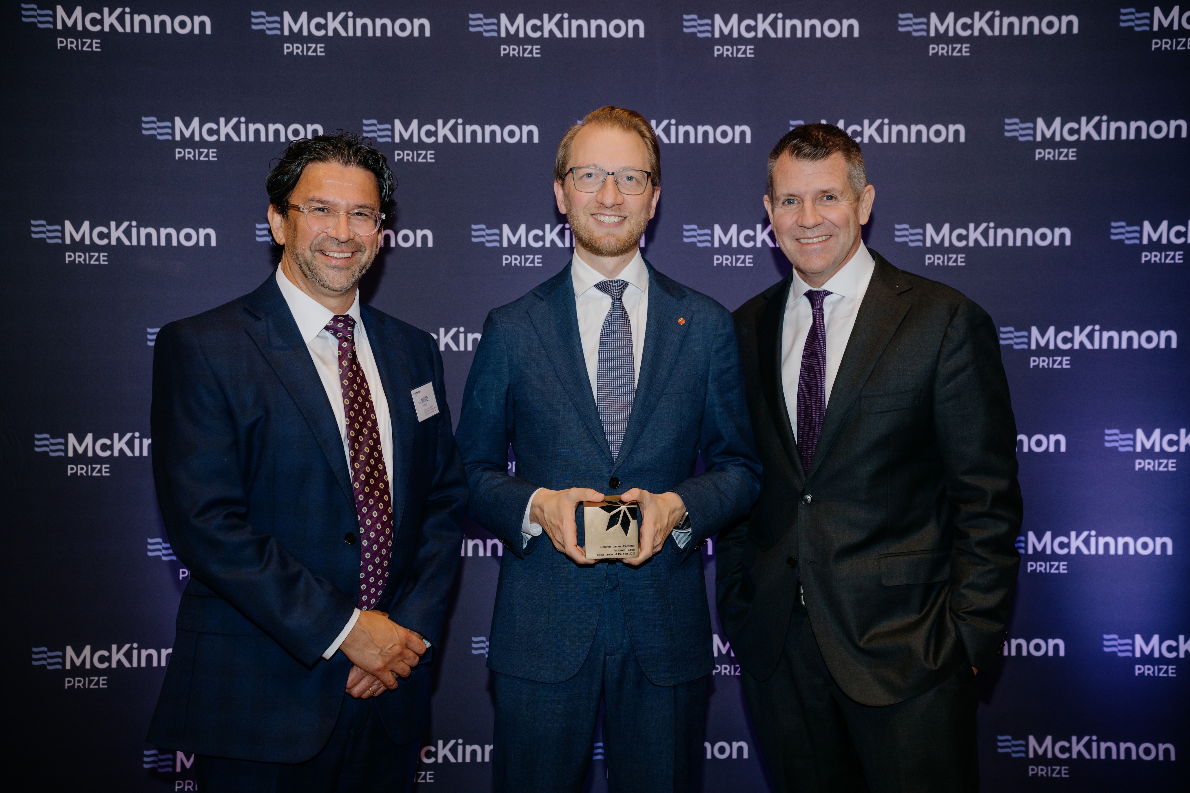 L-R: DVC(GCE) Professor Michael Wesley, 2025 McKinnon Prize Federal winner Senator James Paterson, McKinnon Board Member Mike Baird.