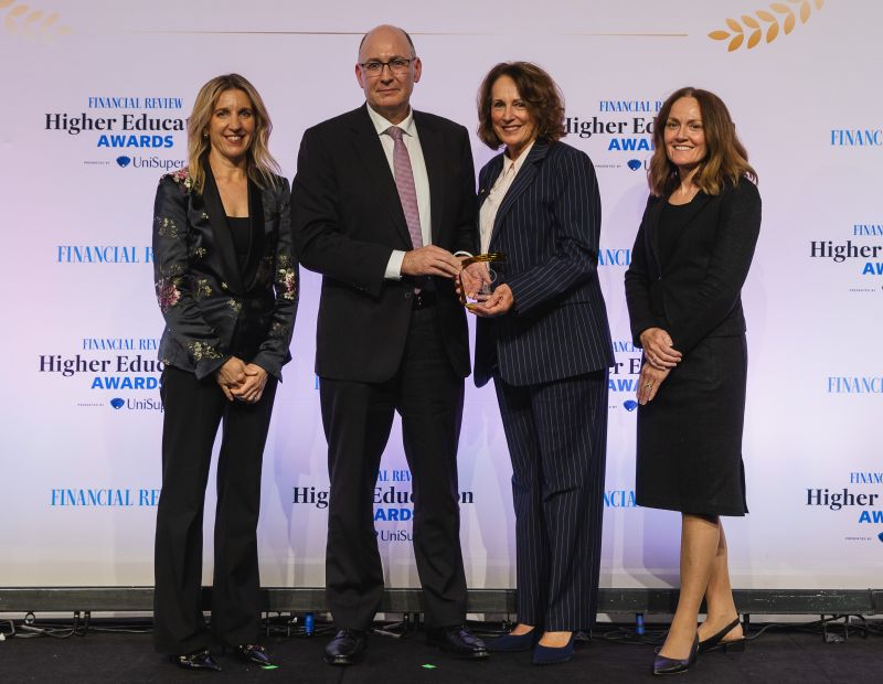 Cosima Marriner, Editor of the AFR, Sam Maresh, the husband of Professor Emma AO Johnston, Dr Helen Szoke AO, University of Melbourne Deputy Chancellor, with Danielle Murrie, Chief Marketing and Growth Officer at UniSuper. Credit: Paper Cranes for the AFR.