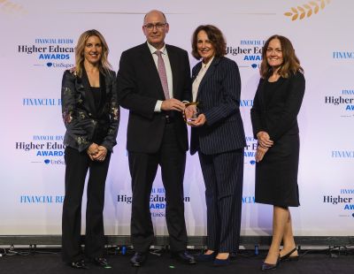 Cosima Marriner, Editor of the AFR, Sam Maresh, the husband of Professor Emma AO Johnston, Dr Helen Szoke AO, University of Melbourne Deputy Chancellor, with Danielle Murrie, Chief Marketing and Growth Officer at UniSuper. Credit: Paper Cranes for the AFR.