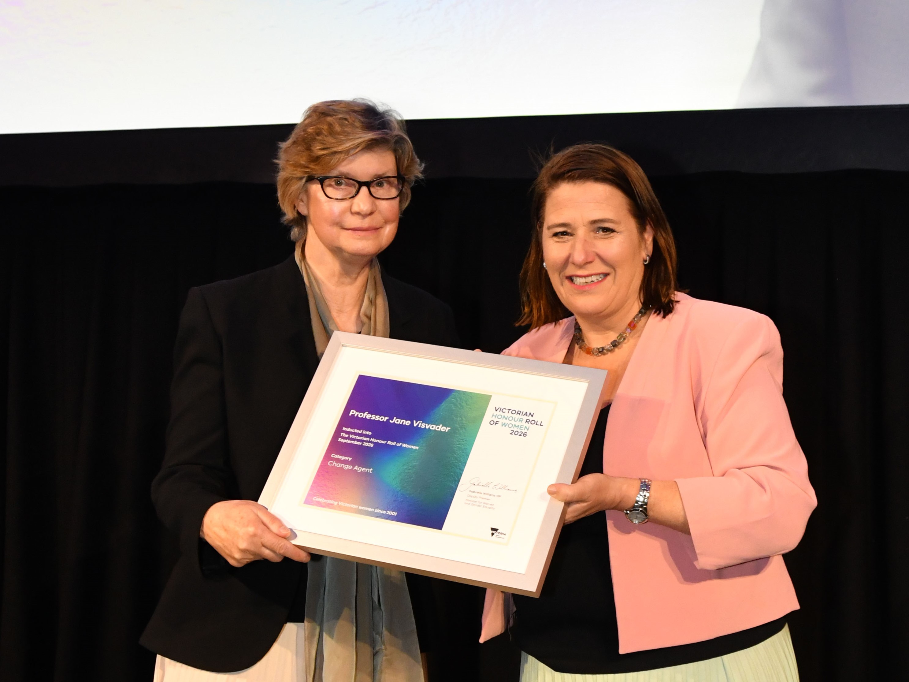 Professor Jane Visvader with Juliana Addison MP, Chair of the Victorian Honour Roll of Women Assessment Panel. Image credit: Department of Families, Fairness and Housing