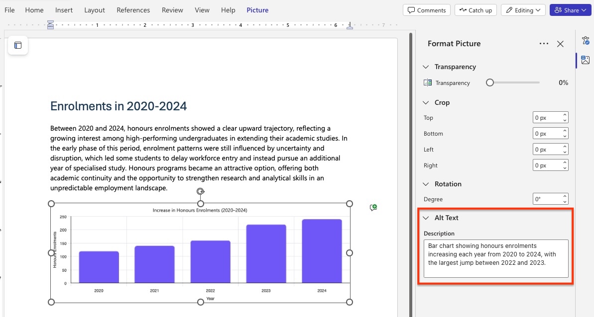 Adding Alt text for an image in a Word document in Word Online. A screenshot of microsoft word online open with the format picture pane open. Alt text section is selected with a description that reads ‘Bar chart showing honours enrolment increasing each year’