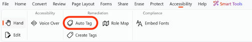 The Accessibility tab includes a remediation section with the option to auto tag a document. A screenshot of the accessibility ribbon selected in Nitro Pro. The button ‘Auto Tab’ is selected.