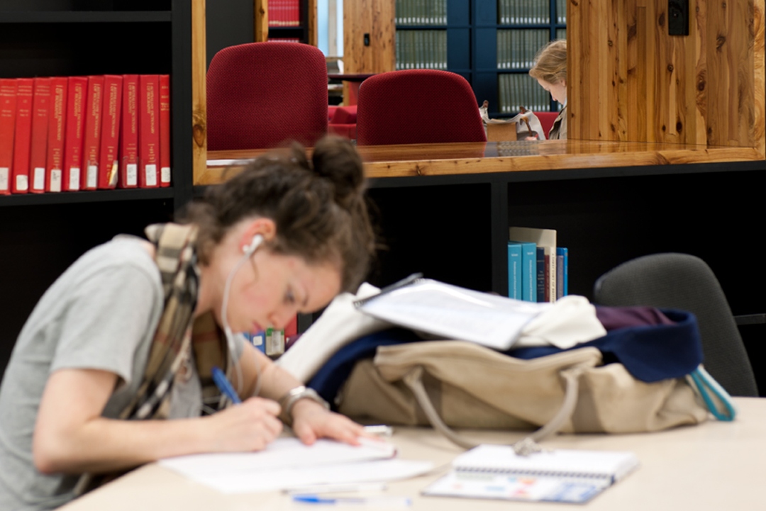 Student studying in library.