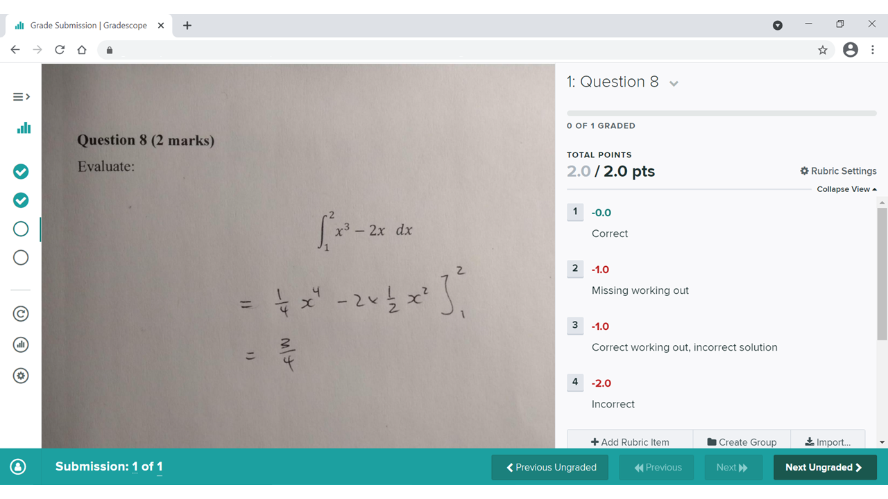 Gradescope facilitates marking by allowing you to mark by student or question. You can also update your marking scheme and feedback as you grade.