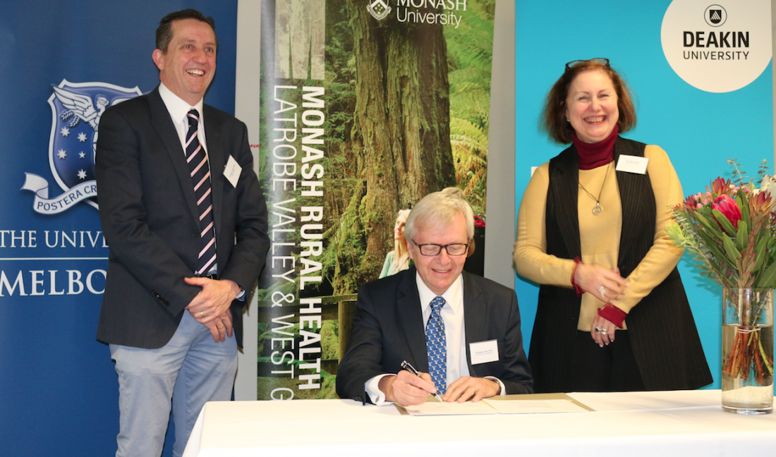 Professor John Prins, Head of the University of Melbourne Medical School signing the MOU, pictured with Professor Alister Ward – Associate Head of School (Research), Deakin University, Dr Susan Waller – Senior Lecturer, Rural Nursing and Allied Health Lead, Monash Rural Health