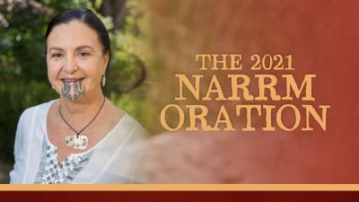 A portrait shot of Professor Papaarangi Reid with graphic lettering saying Narrm Oration 2021