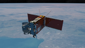Render image of the SpIRIT nanosatellite in orbit.