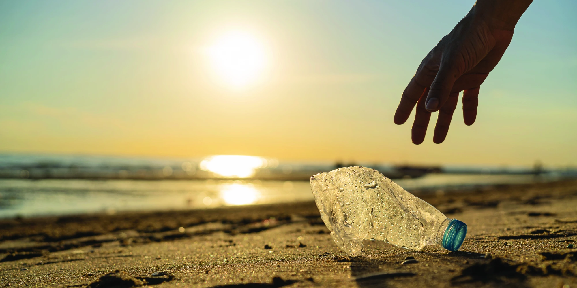 Closeup of a hand picking up a water bottle on a beach