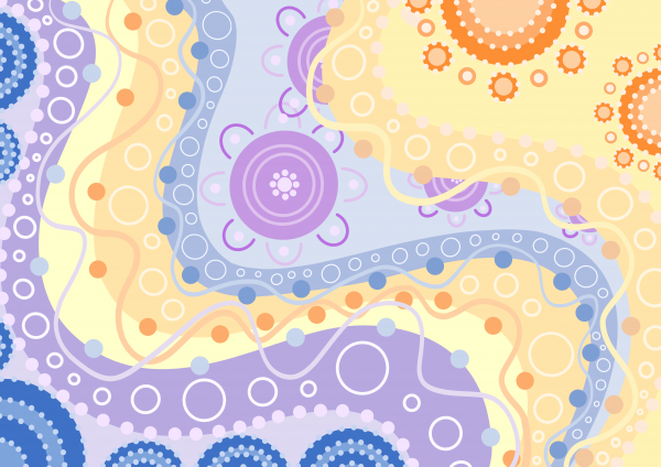 A colourful (blues, purples, yellows) aboriginal artwork, with many journey lines and meeting places