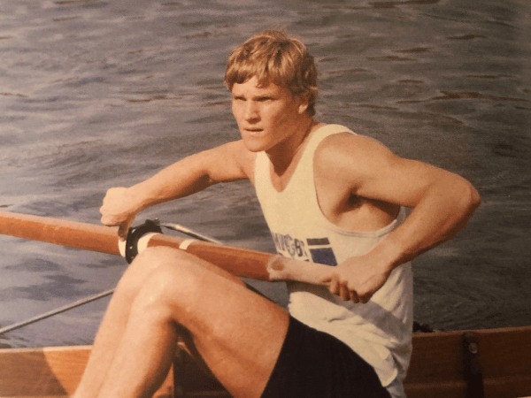 Tom at a University Men’s VIII regatta, 1985