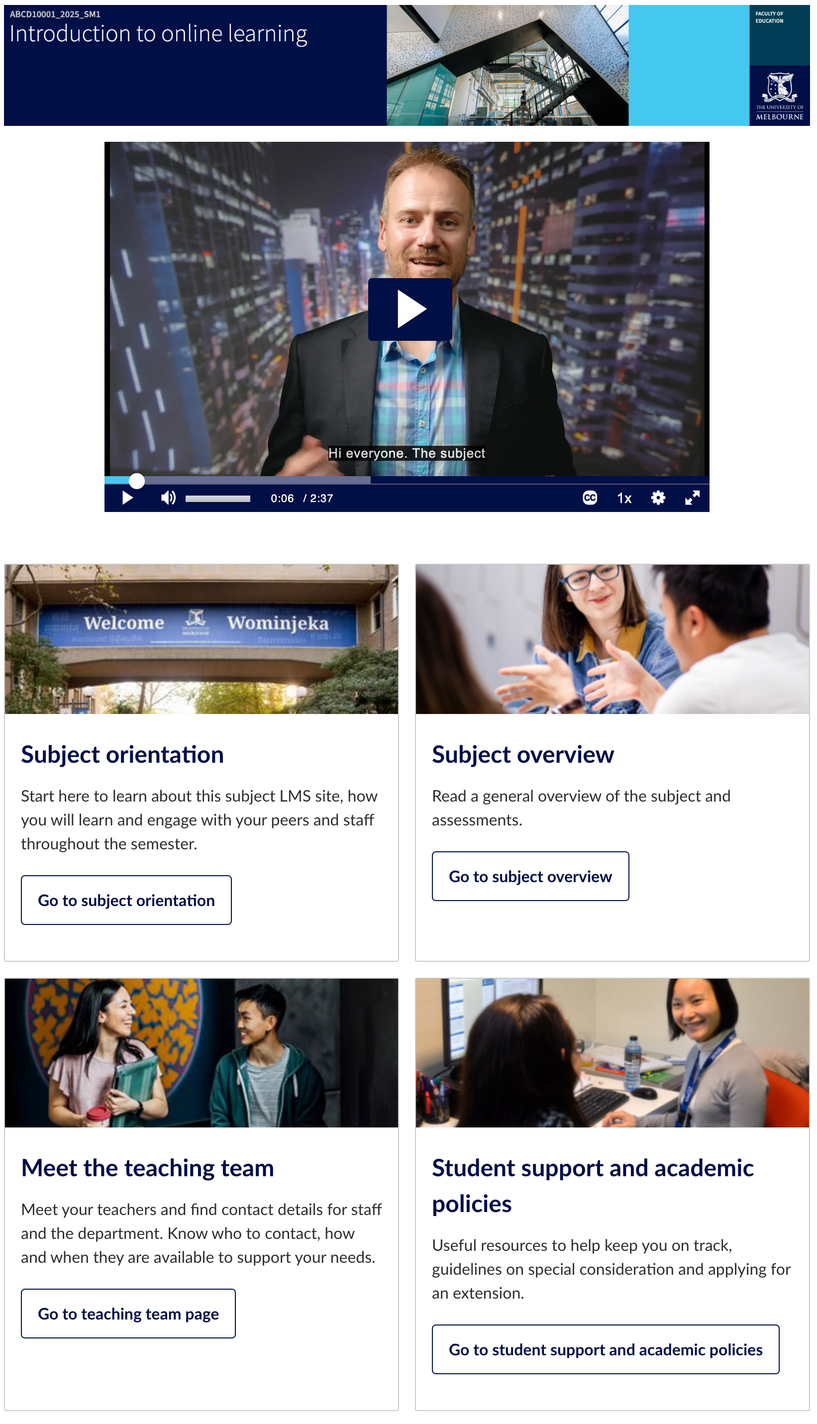 A homepage design that uses tiles to help with navigation Screenshot of customised Canvas interface - banner image followed by enbedded video with tile navigation below