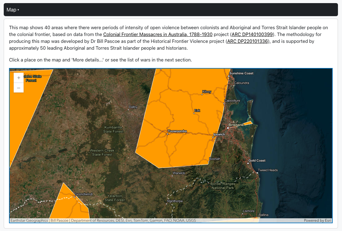 Snapshot from Australian Wars website with introduction text and a zoomed-in view of the satellite map showing an orange coloured polygon around Toowoomba in Queensland, a smaller polygon around Brisbane, and the edges of other polygons at the left.